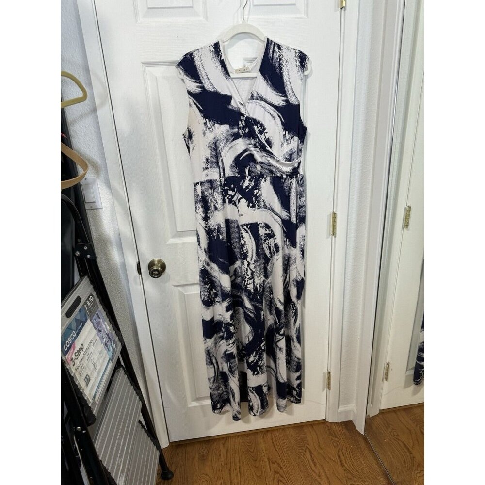 Gilli Navy Blue & OffWhite Print Sleeveless Faux Wrap Maxi Dress 1X Made In USA